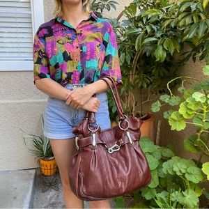Reddish brown/silver b. makowsky large pebbled leather bag